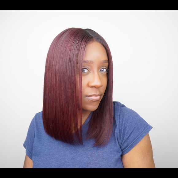 Ombré Burgundy + Black Straight Lace Front Bob Wig - Picture 2 of 8